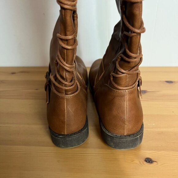 JustFab Brown Knee High Lace-up Boots Faux Leather Pricilla Buckle Size 11 - Picture 5 of 8